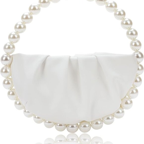 Neiman Marcus White Vegan Leather Pearl Bridal Clutch Purse